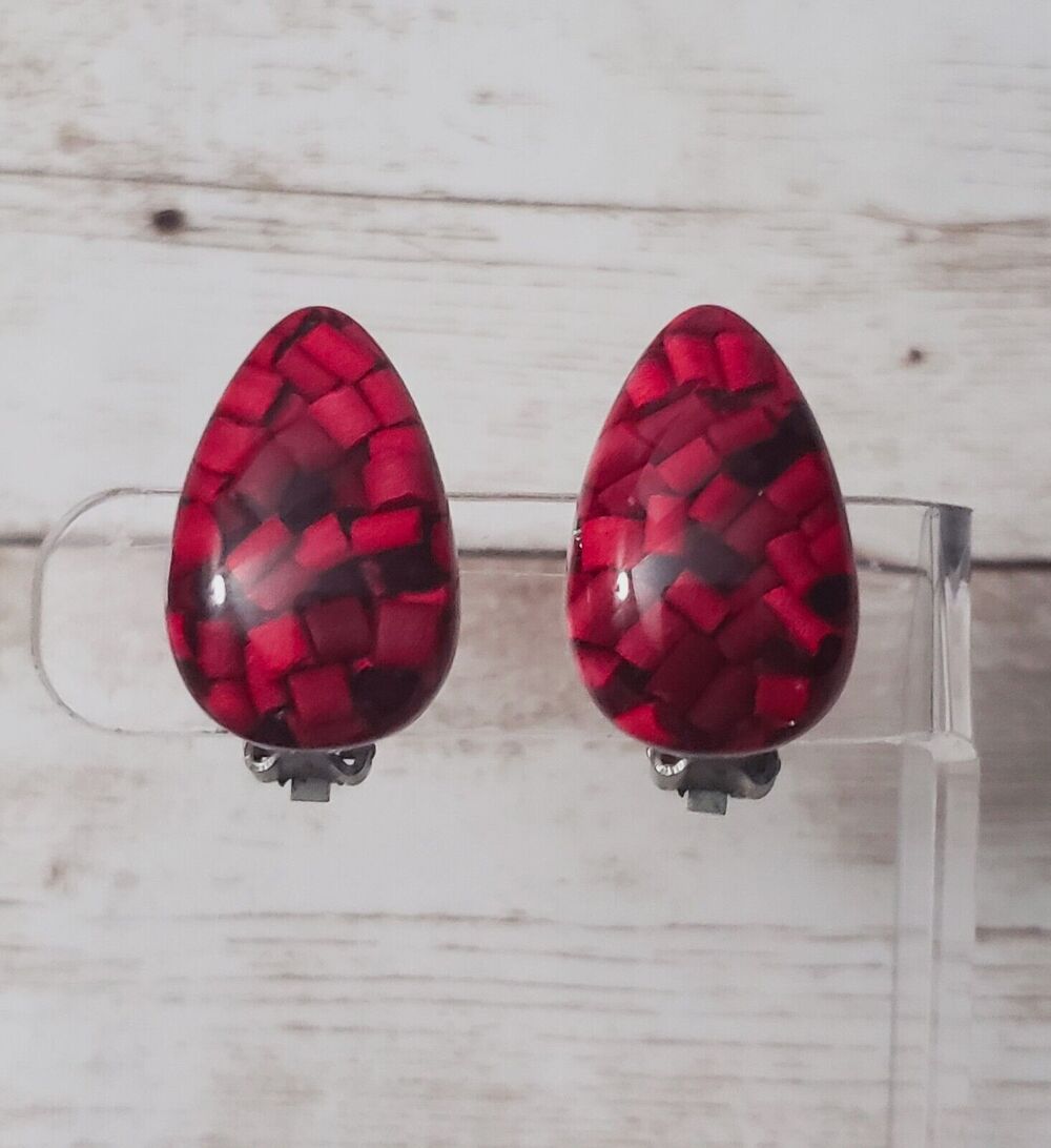 Vintage Clip On Earrings - Red Teardrop Shape Just Over 1"